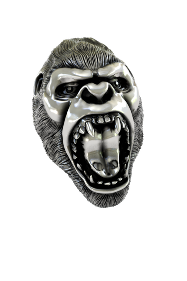 Side angle view of the Sterling Silver Gorilla Lapel Pin, highlighting the ferocious open mouth and detailed fangs.