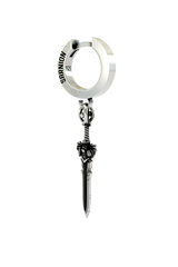 Side angle view of the Sterling Silver Gothic Sword Earring highlighting the three-dimensional depth of the hilt