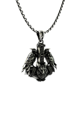 Side angle view of the Sterling Silver Huginn and Muninn Pendant, highlighting the 3D detail of the ravens and wolf.