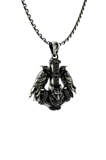 Side angle view of the Sterling Silver Huginn and Muninn Pendant, highlighting the 3D detail of the ravens and wolf.