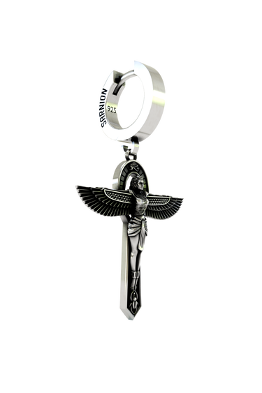 Side angle view of the Sterling Silver Isis Goddess Earring highlighting the dimensional quality of the wings and figure
