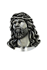 Side angle view of the Sterling Silver Jesus Head Pin, highlighting the classical sculptural details of the hair and thorns.