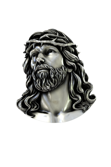 Side angle view of the Sterling Silver Jesus Head Pin, highlighting the classical sculptural details of the hair and thorns.
