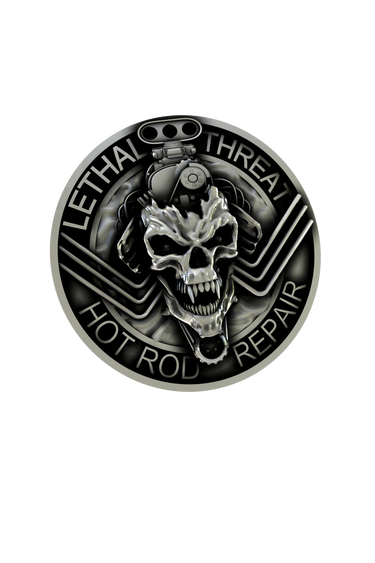 Side angle view of the Sterling Silver Lethal Threat Hot Rod Pin, highlighting the 3D relief of the engine and skull.