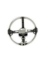 Side angle view of the Sterling Silver Mad Max Skull Pin, highlighting the 3D skull and steering wheel.