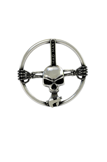 Side angle view of the Sterling Silver Mad Max Skull Pin, highlighting the 3D skull and steering wheel.