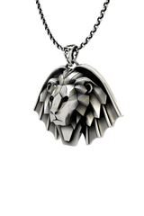 Side angle view of the Sterling Silver Manticore School Pendant, highlighting the layered, armor-like mane.