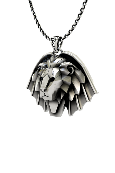 Side angle view of the Sterling Silver Manticore School Pendant, highlighting the layered, armor-like mane.