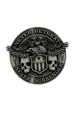 Side angle view of the Sterling Silver Never Retreat Never Surrender Pin, highlighting the 3D detail of the design.