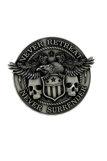 Side angle view of the Sterling Silver Never Retreat Never Surrender Pin, highlighting the 3D detail of the design.