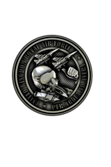 Side angle view of the Sterling Silver RAF Pilot Skull Pin, highlighting the 3D relief of the design.