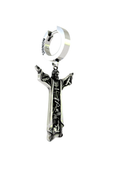 Side angle view of the Sterling Silver Risen Christ Earring highlighting the intricate details within the robes