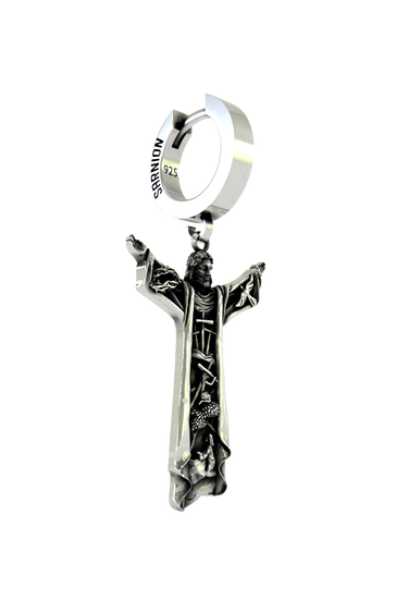 Side angle view of the Sterling Silver Risen Christ Earring highlighting the intricate details within the robes