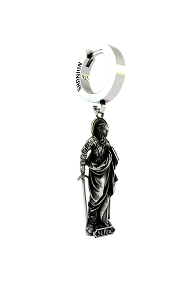 Side angle view of the Sterling Silver Saint Paul Earring highlighting the dimensional sculpting of the robes and halo