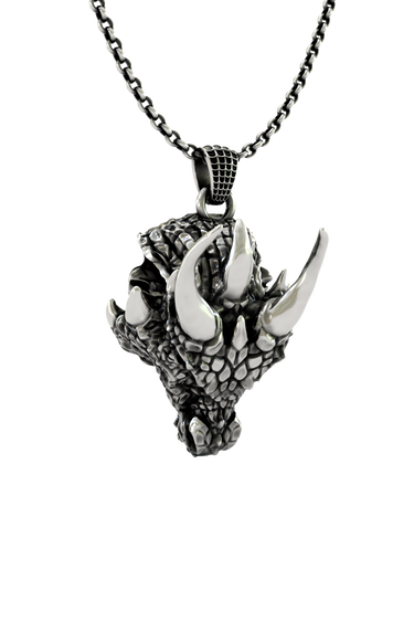 Side angle view of the Sterling Silver Sarnion Head Pendant, highlighting the detailed texture of the dragon scales.