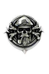 Side angle view of the Sterling Silver Sea Captain Skull Pin, highlighting the 3D detail of the skull and anchor.