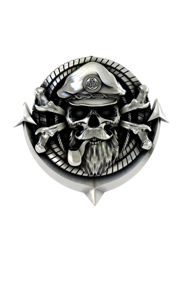Side angle view of the Sterling Silver Sea Captain Skull Pin, highlighting the 3D detail of the skull and anchor.