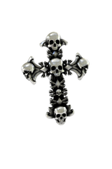 Side angle view of the Sterling Silver Skull Cross Pin, highlighting the 3D depth of the stacked skulls.