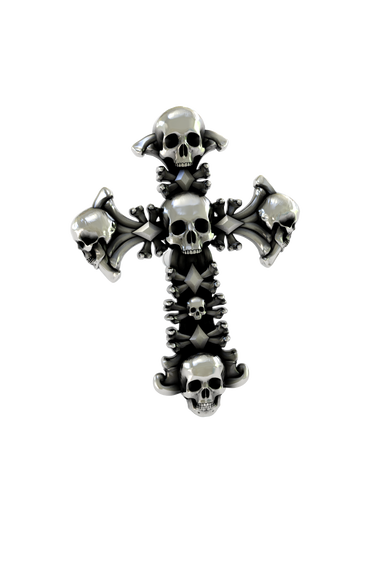 Side angle view of the Sterling Silver Skull Cross Pin, highlighting the 3D depth of the stacked skulls.