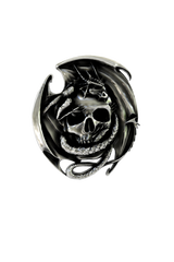 Side angle view of the Sterling Silver Skull and Dragon Pin, highlighting the 3D depth of the dragon coiled around the skull.