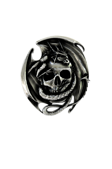 Side angle view of the Sterling Silver Skull and Dragon Pin, highlighting the 3D depth of the dragon coiled around the skull.