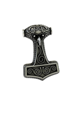 Side angle view of the Sterling Silver Thor's Hammer Pin, highlighting the 3D details and ornate carvings.