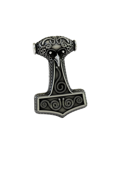 Side angle view of the Sterling Silver Thor's Hammer Pin, highlighting the 3D details and ornate carvings.