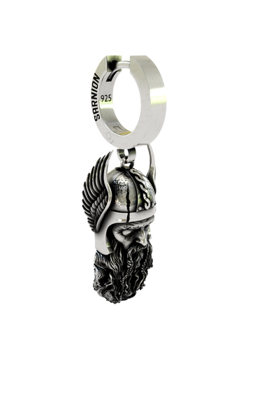 Side angle view of the Sterling Silver Viking Warrior Earring highlighting the intricate braided beard and helmet details