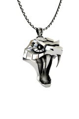 Side angle view of the Sterling Silver Viper School Pendant, highlighting the long, curved fangs and angular design.