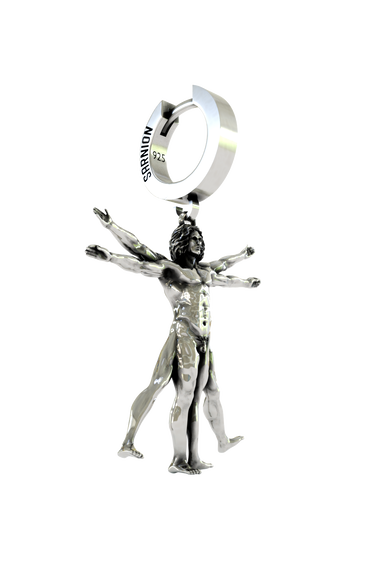 Side angle view of the Sterling Silver Vitruvian Man Earring highlighting the detailed 3D sculptural form
