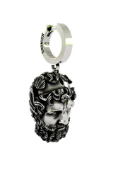 Side angle view of the Zeus Head Earring, highlighting the three-dimensional detail of the beard and hair on the silver charm.