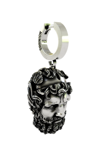 Side angle view of the Zeus Head Earring, highlighting the three-dimensional detail of the beard and hair on the silver charm.
