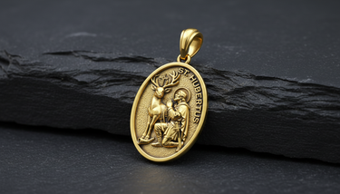 Side view of Saint Hubert Medal Pendant gold-tone sterling silver pendant displaying textured background and raised border craftsmanship