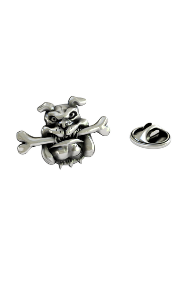 Silver Bulldog with Bone Lapel Pin in 925 sterling, front view of the tough, snarling bulldog face.

