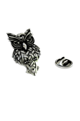 Silver Celtic Owl Lapel Pin in 925 sterling, front view of the wise owl with an intricate knotwork body.