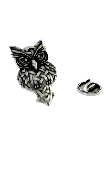 Silver Celtic Owl Lapel Pin in 925 sterling, front view of the wise owl with an intricate knotwork body.