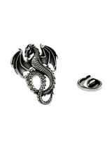 Silver Dragon Lapel Pin in 925 sterling, front view of the detailed and powerful fantasy dragon.

