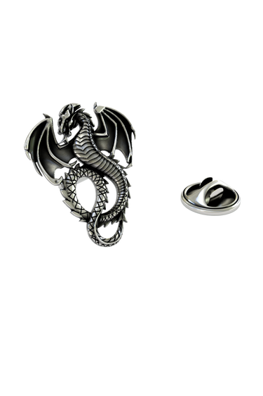 Silver Dragon Lapel Pin in 925 sterling, front view of the detailed and powerful fantasy dragon.

