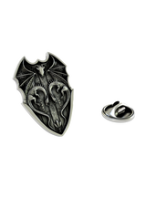 Silver Dragon Shield Lapel Pin in 925 sterling, front view showing the intricate fantasy dragon crest.

