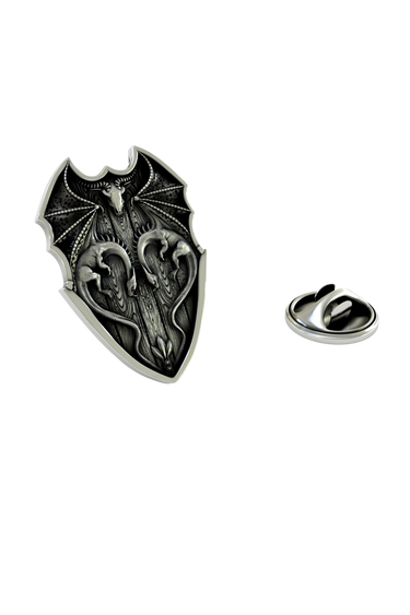 Silver Dragon Shield Lapel Pin in 925 sterling, front view showing the intricate fantasy dragon crest.

