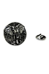 Silver Elephant Lapel Pin in 925 sterling, front view showing the beautiful and ornate animal design.

