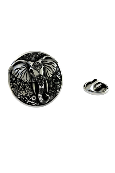 Silver Elephant Lapel Pin in 925 sterling, front view showing the beautiful and ornate animal design.

