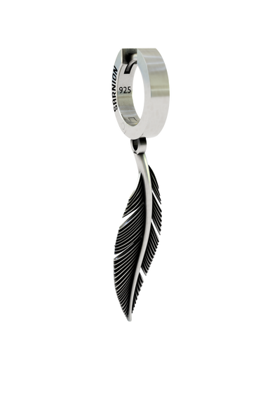 Silver Feather Earring in 925 sterling silver - front view showcasing the detailed feather charm and polished huggie hoop.