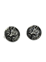 Silver Fox Cufflinks in 925 sterling silver - a direct front view showcasing the detailed fox head among woodland foliage.