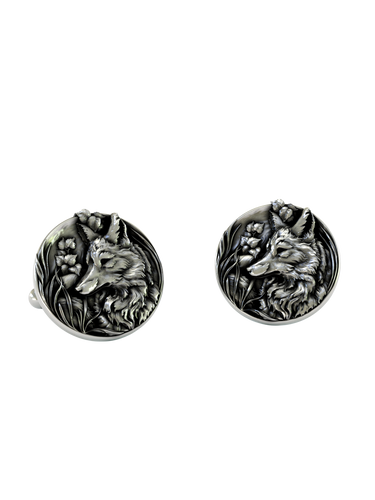 Silver Fox Cufflinks in 925 sterling silver - a direct front view showcasing the detailed fox head among woodland foliage.