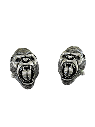 Silver Gorilla Cufflinks in 925 sterling silver - a direct front view showcasing the powerful roaring gorilla head design.