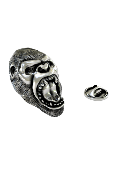 Silver Gorilla Lapel Pin in 925 sterling, front view of the powerful roaring silverback gorilla.