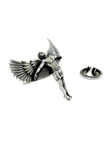 Silver Icarus Lapel Pin in 925 sterling silver - front view showing the full wingspan and detailed anatomy

