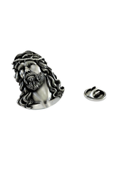 Silver Jesus Head Pin in 925 sterling, front view showing the sacred face of Christ with the crown of thorns.