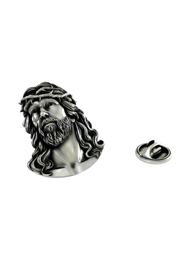 Silver Jesus Head Pin in 925 sterling, front view showing the sacred face of Christ with the crown of thorns.